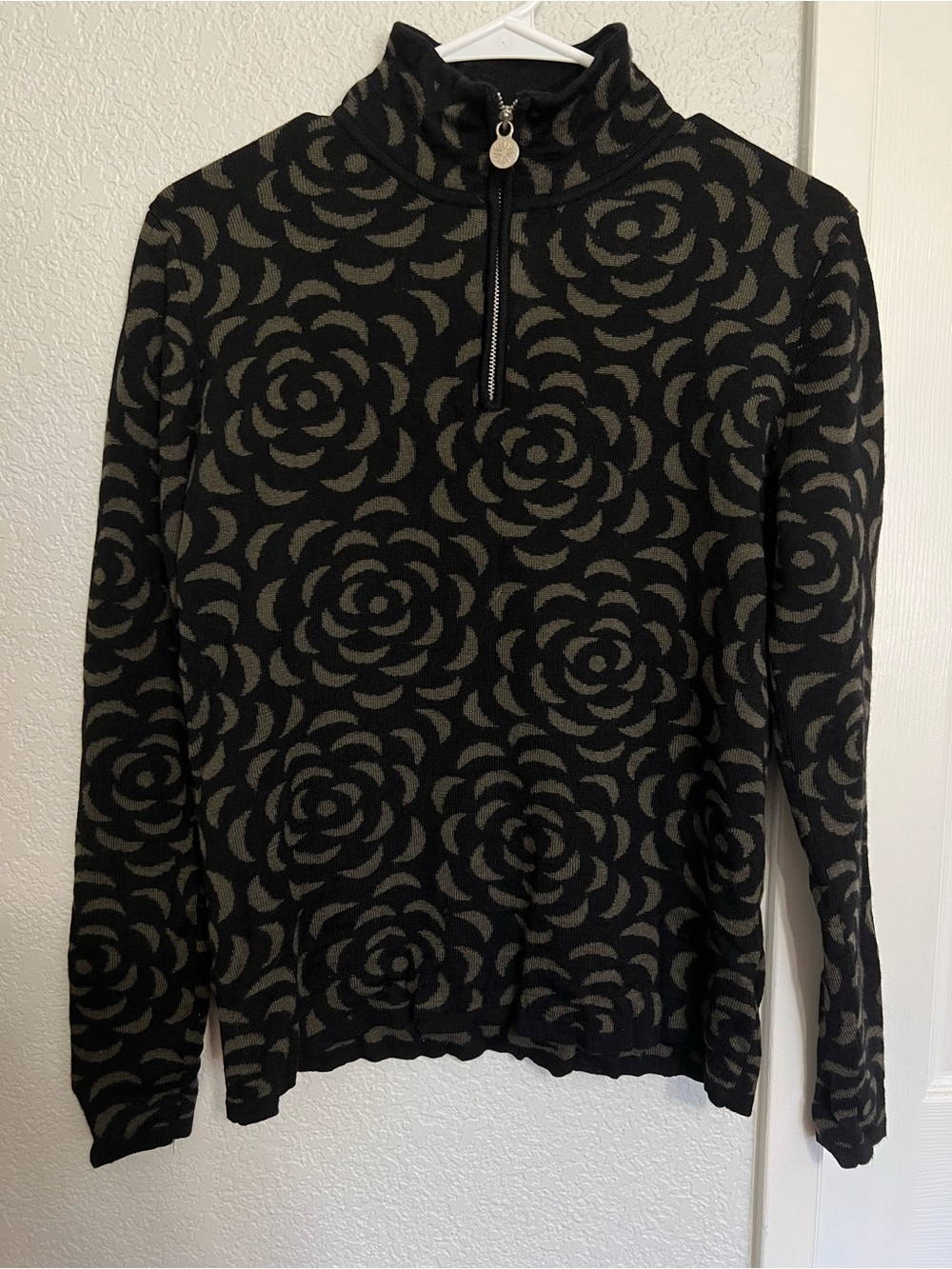 Neve Designs 100% Wool Quarter Zip Sweater Black Floral Knit Pullover